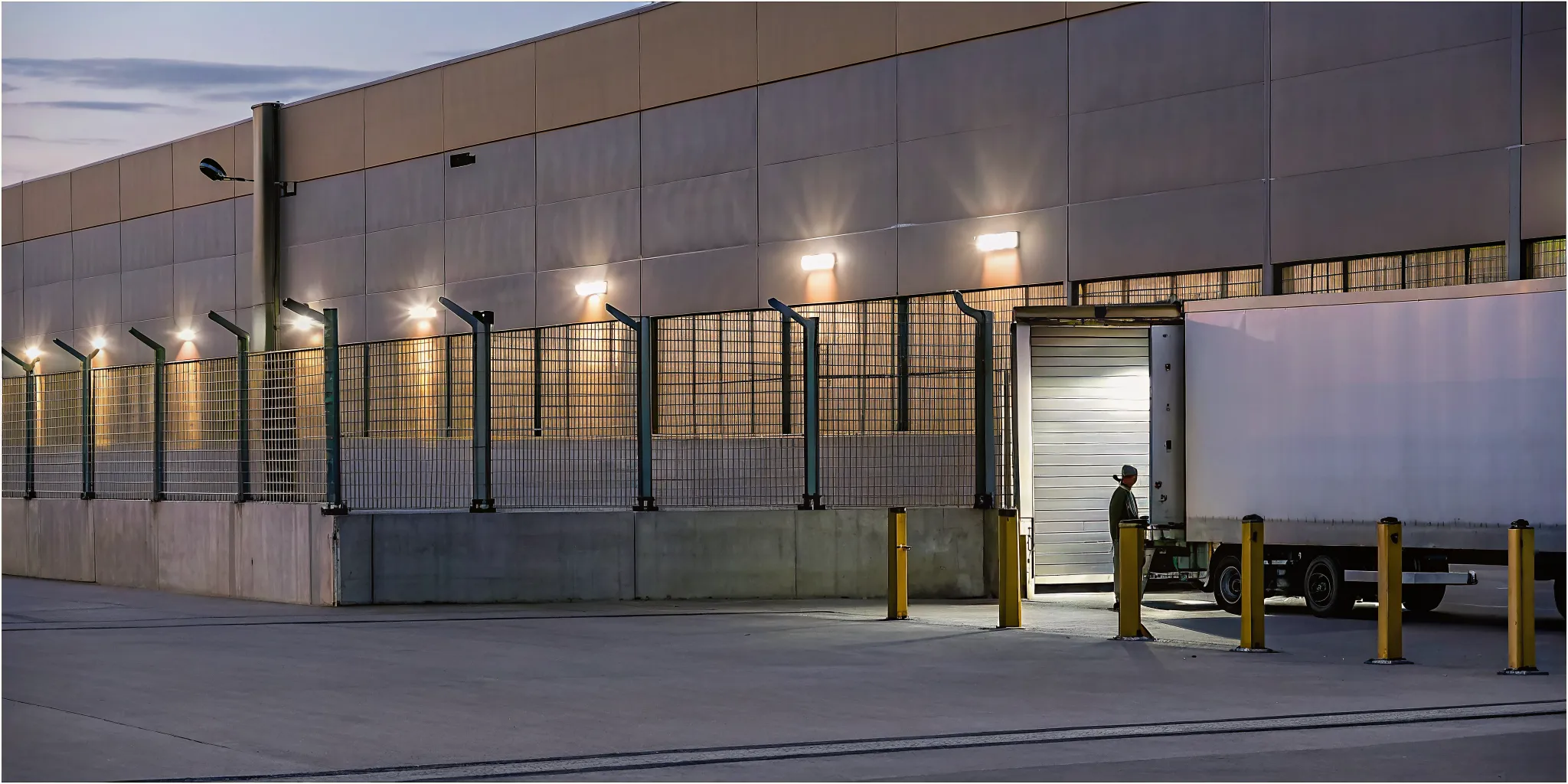 Secure commercial loading dock with delivery truck being checked by security guard at gate checkpoint