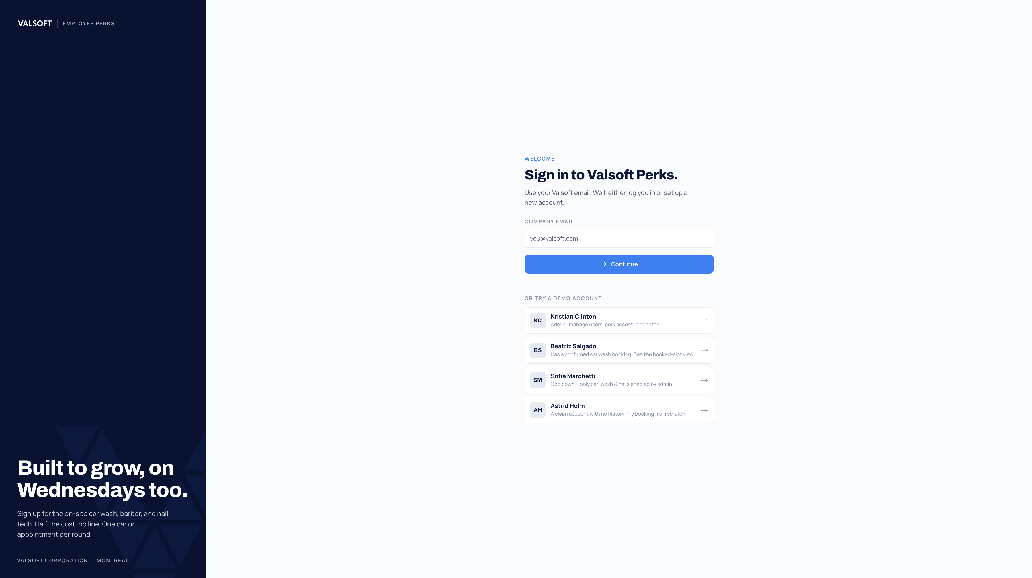 Valsoft Perks portal: prototype screen 1