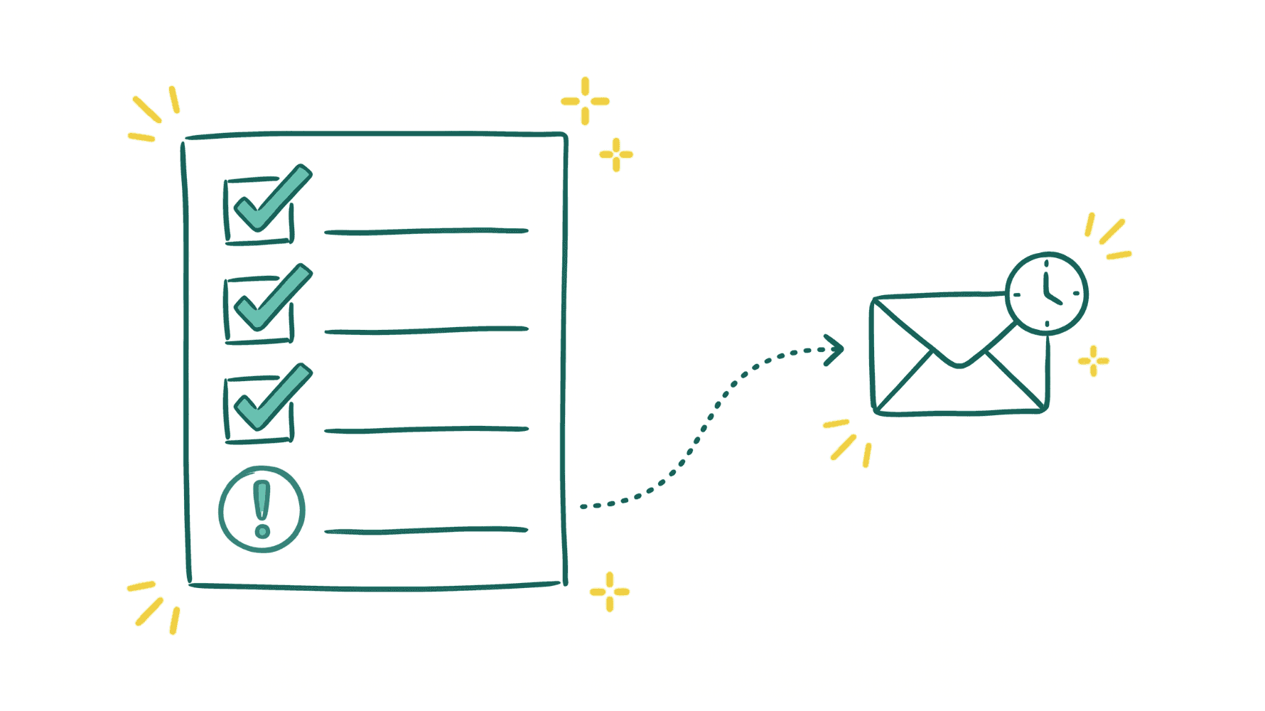 Illustration minimaliste d'une checklist avec des lignes de factures, certaines cochées et une signalée par une icône d'alerte avec une flèche sortante représentant la relance automatique