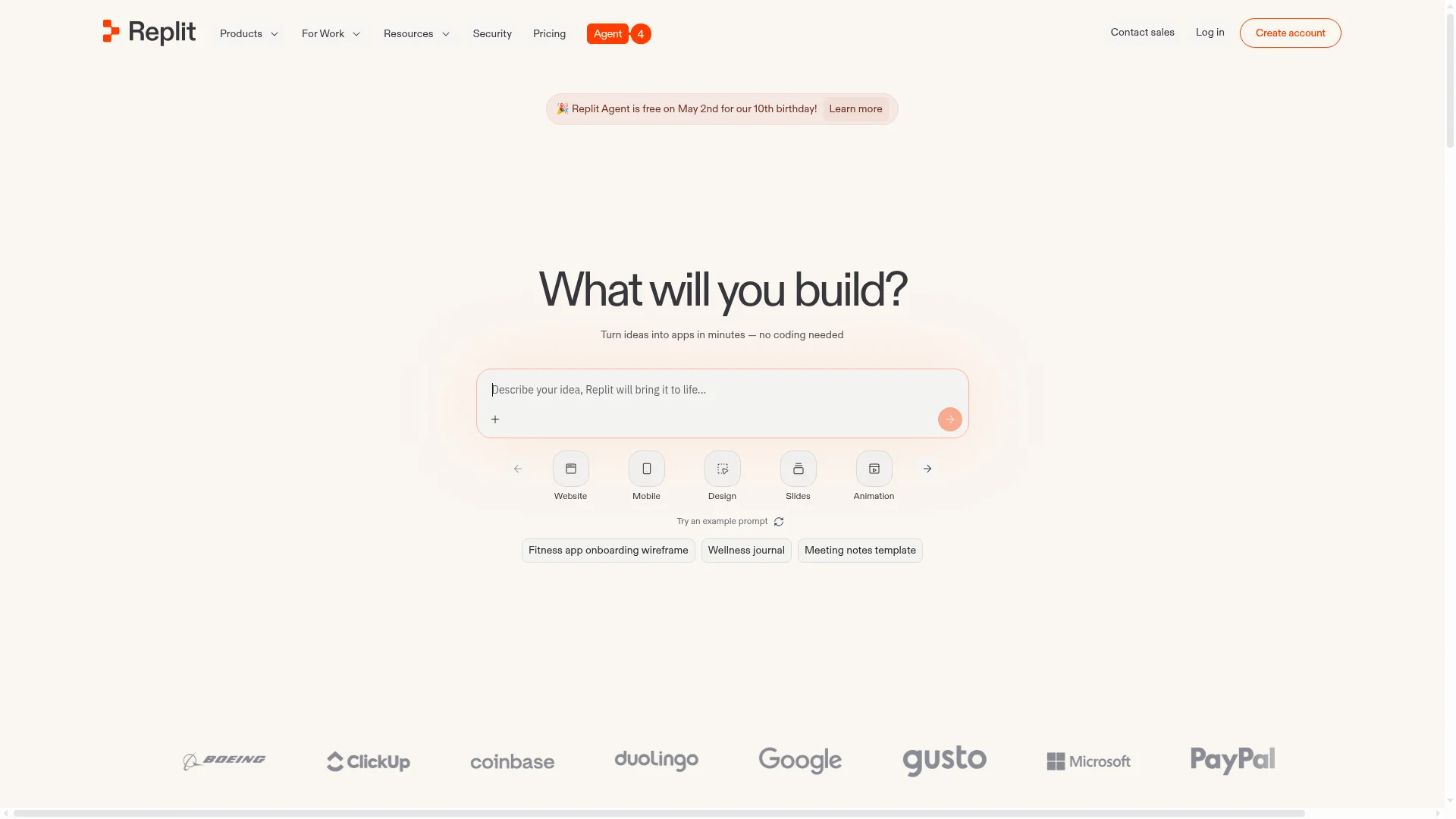 Replit AI coding platform homepage