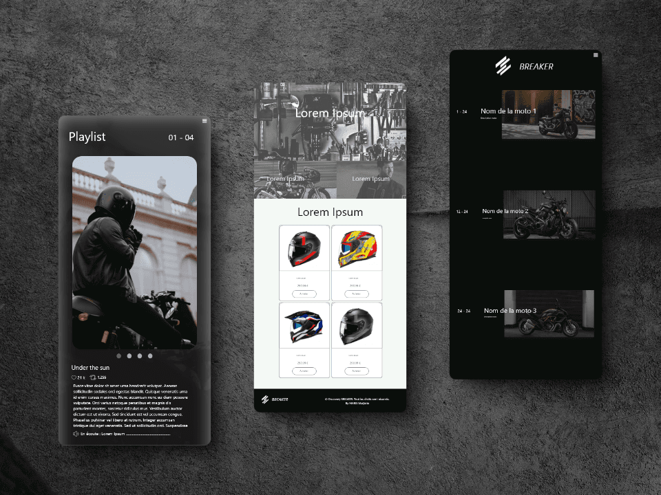 Maquette du site web Breaker, page playlist, achat, bibliothèque des motos
