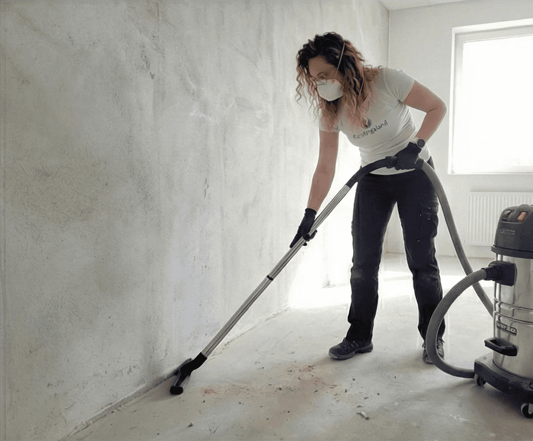 Starfsmaður að ryksuga byggingarryk með öflugri iðnaðarryksugu.