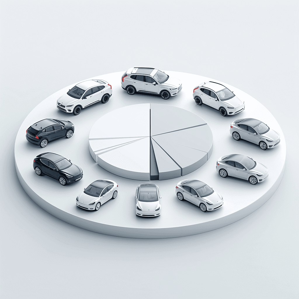 Illustration of various electric vehicles arranged around a pie chart, symbolizing market share data, adoption trends, or statistics related to electric mobility in Switzerland