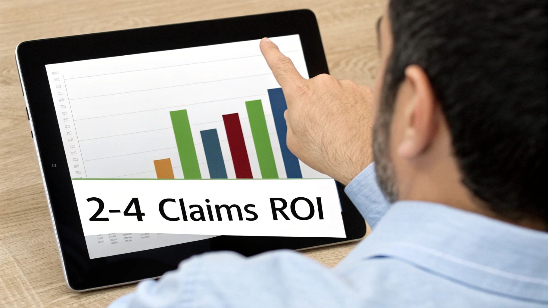 A person points at a tablet showing a bar graph with the text '2-4 Claims ROI' for performance analysis.