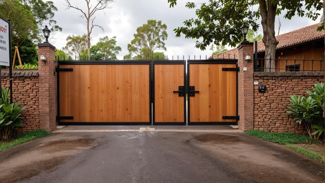 A wide gate, leading to a beautiful resort by the mountin