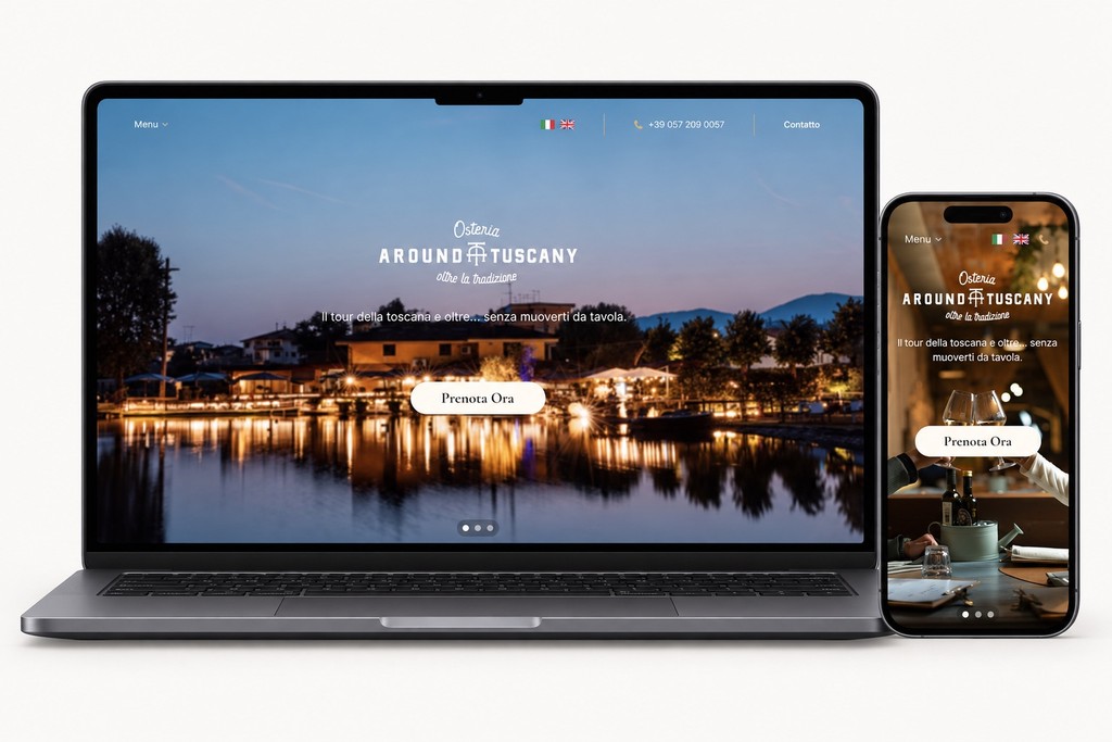 Mockup del sito Around Tuscany su computer e smartphone