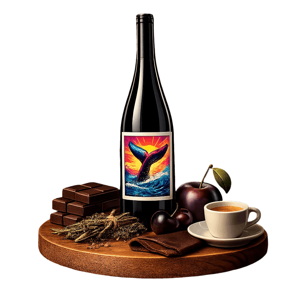 Artistic label and flavor profile for Valle de Santo Tomás Red on a rustic wooden table.