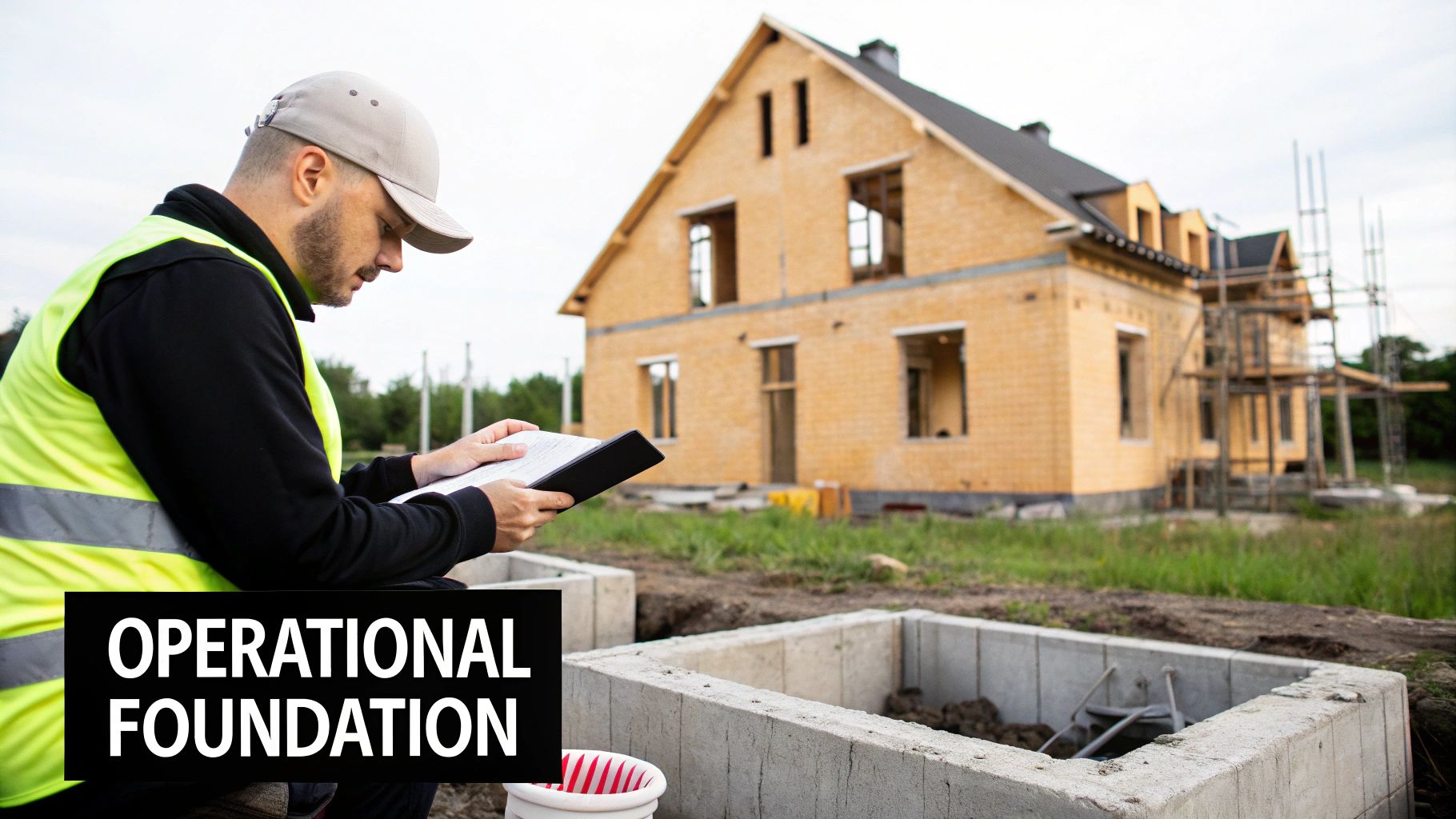 A construction worker in a high-vis vest reviews documents at a house building site with a concrete foundation.