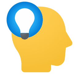 A minimalist, flat design icon of a yellow human head silhouette with a blue circular question mark symbol inside. The icon represents the process of brainstorming or thinking. 🤔💡