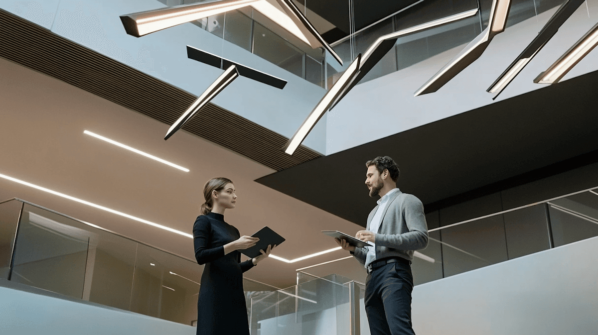 Two professionals holding tablets and discussing inside a modern luxury interior with glass railings, high ceilings, and geometric pendant lighting.