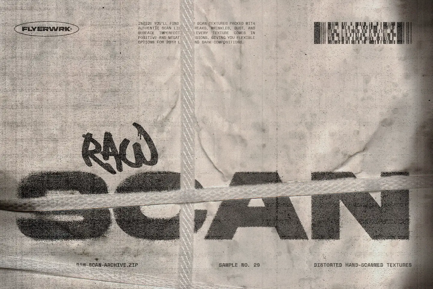 Raw Scan Archive textures applied to bold typography showing realistic scanned distortion and paper grain
