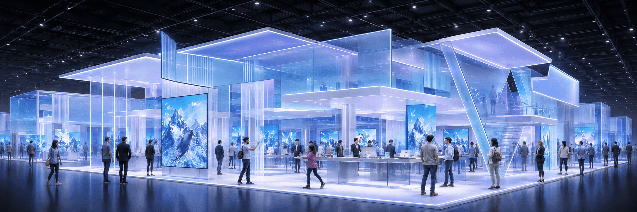 20x20 trade show booth ideas with demo counters, product displays, branded graphics, meeting space, and visitor flow