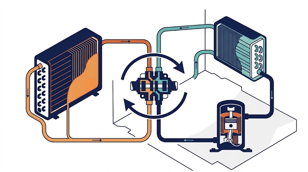 Diagram of a heat pump reversing valve changing the direction of refrigerant flow