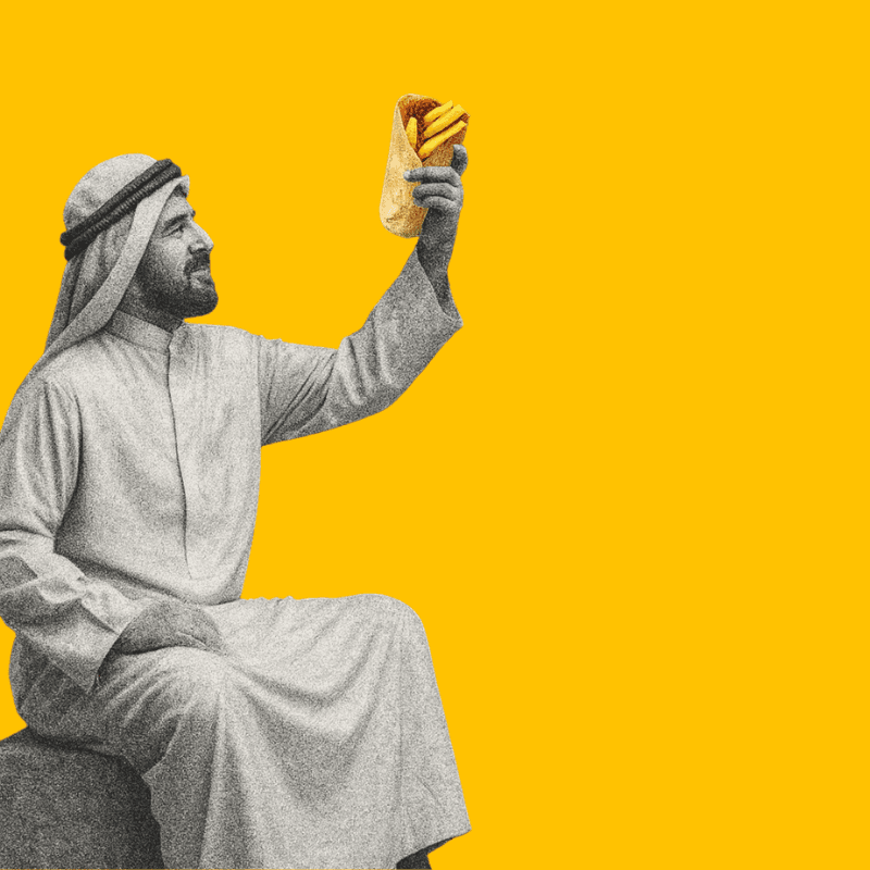 Promotional graphic showing a man in traditional Saudi attire smiling and holding up a sandwich against a bright yellow background. Next to him, a dark panel reads “Saudi Arabia is ready for your brand” with supporting text about market growth, and highlights key figures: 35M+ population, 128M+ travelers per year, and $25B+ e-commerce, along with a yellow button labeled “See market potential.”