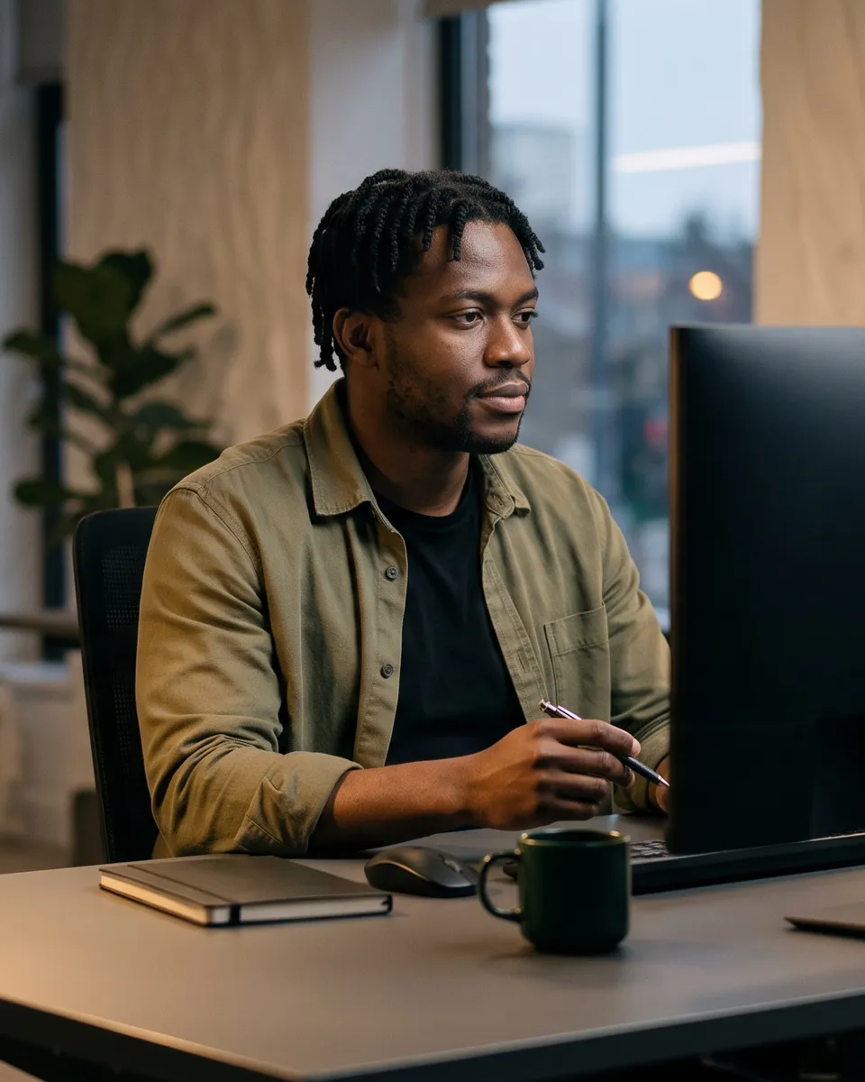 Two people building at their desks in a dark office