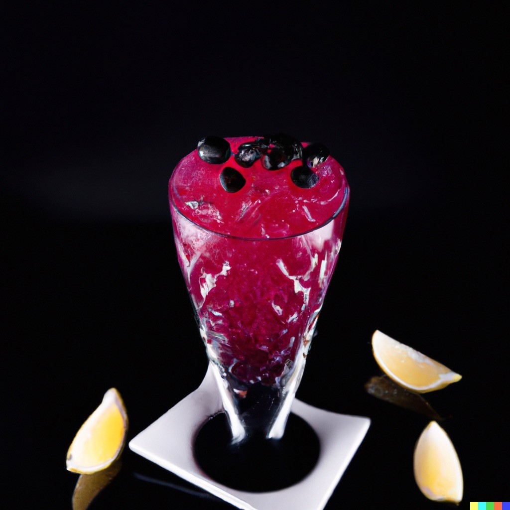 A vibrant glass of red grape juice topped with ripe black grapes, elegantly placed on a square white coaster surrounded by lemon wedges, set against a sleek black background.