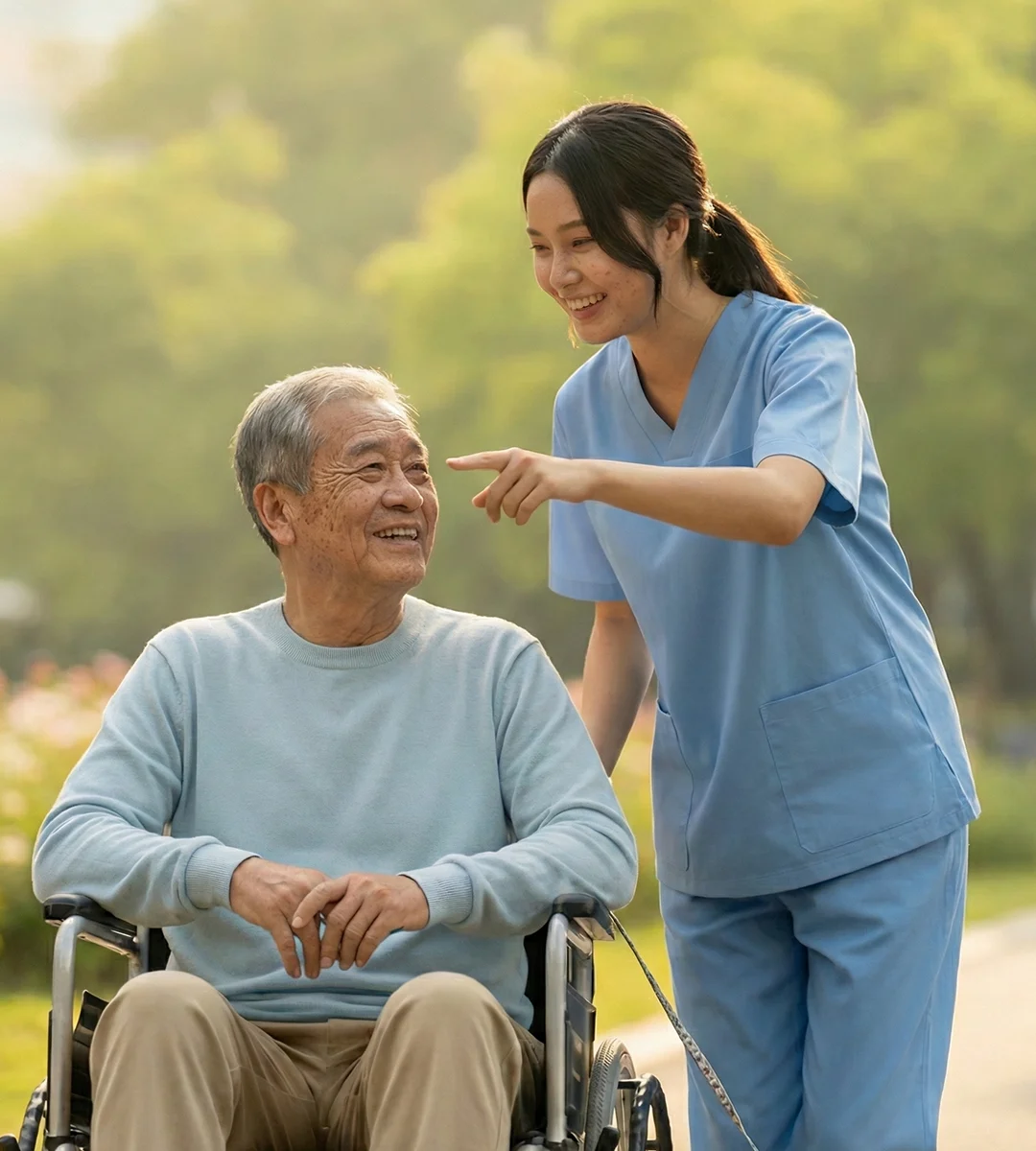 護理師在戶外陪伴輪椅上的長者散步，以微笑與指引互動，增進長者心情與行動能力。陽光下的溫暖陪伴展現高品質長照服務、陪伴復健與居家照護的重要性。