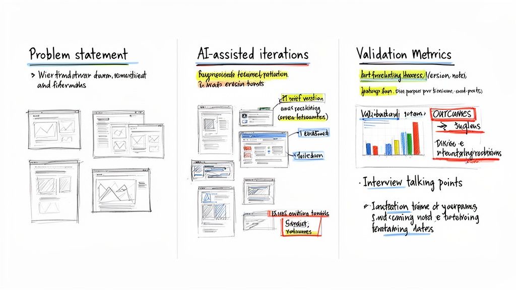 Hand-drawn whiteboard illustrating a UI/UX design workflow with problem definition, AI tools, and validation metrics.