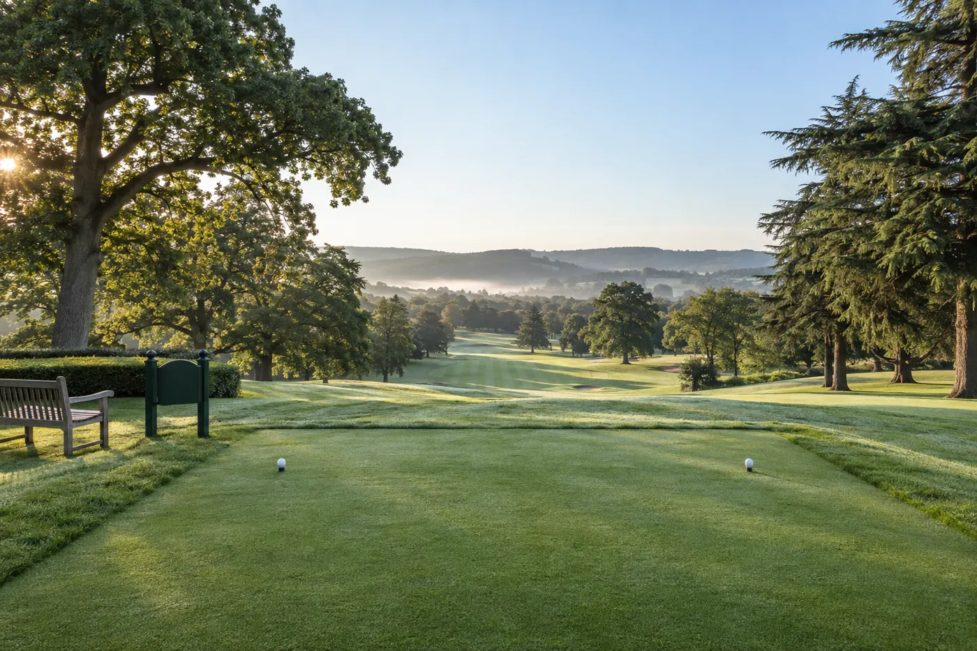 The first tee at Averleigh in early sun, a bench and tee sign at the side, the fairway falling away between oaks and cedars