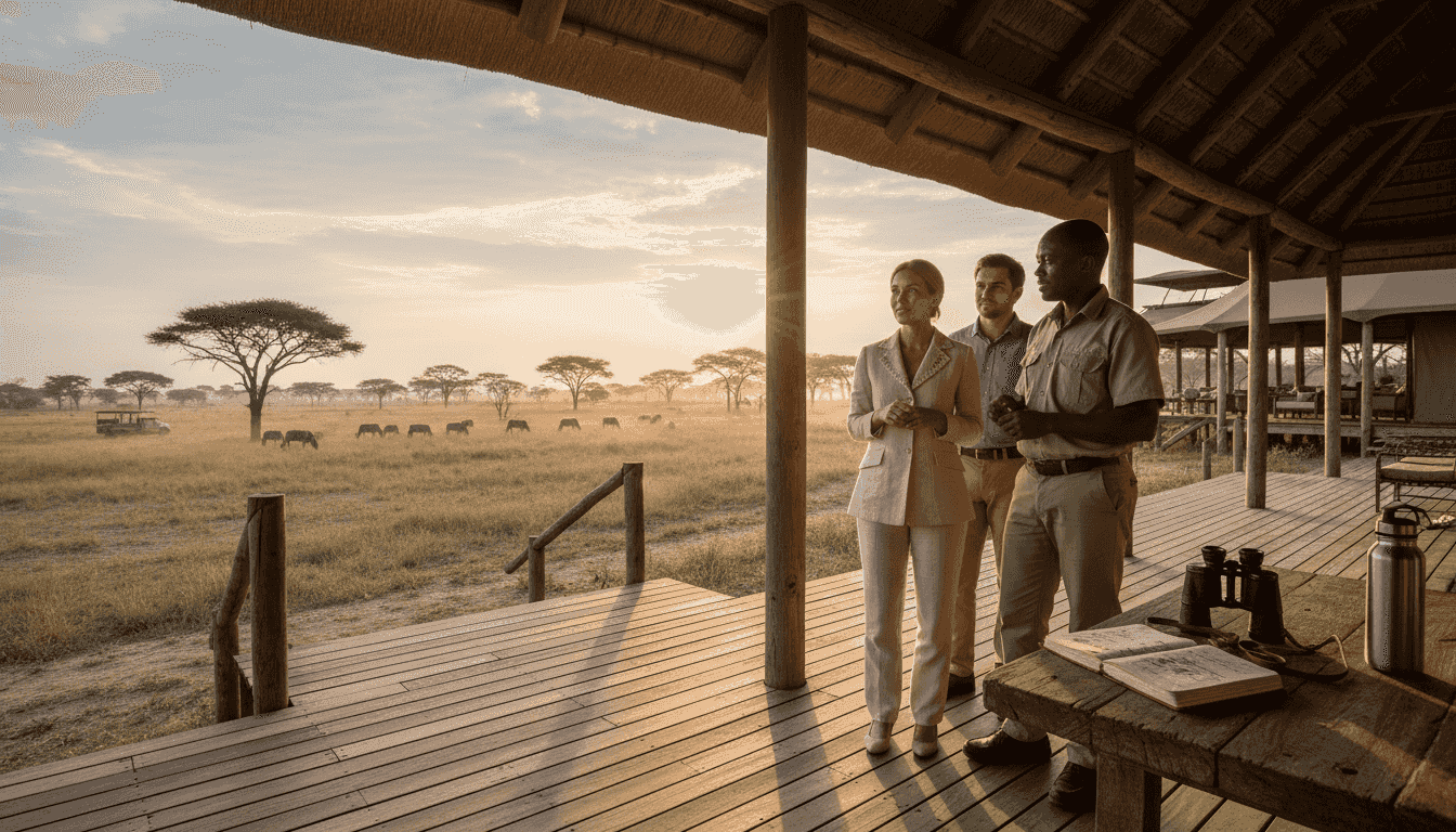 Luxury safari guide with guests near veranda
