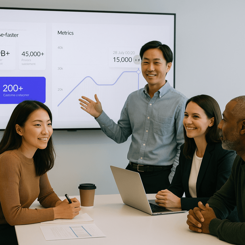 Team in a meeting as a presenter gestures toward a metrics chart on a screen.