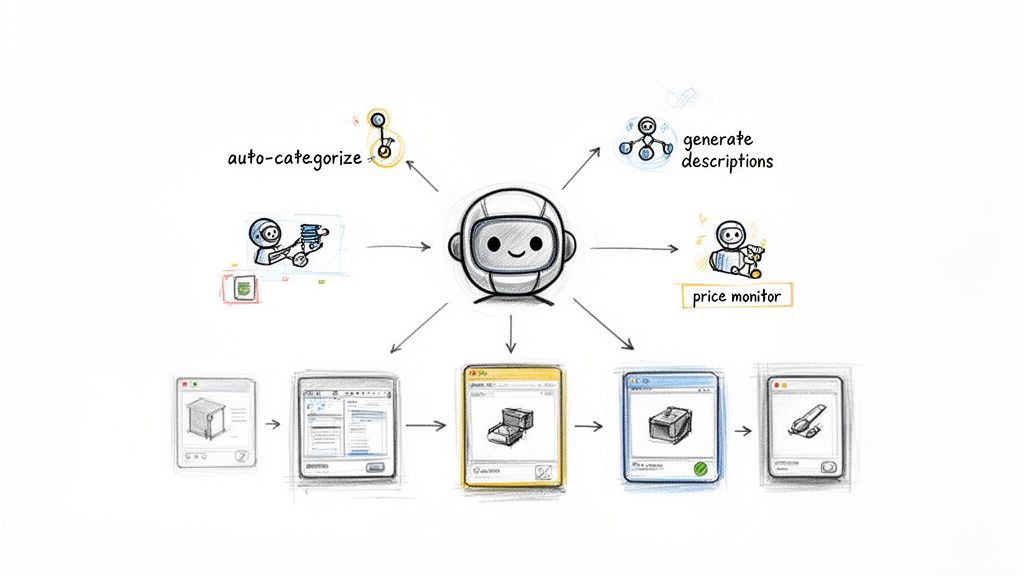 AI robot streamlining product catalog management with auto-categorization, description generation, and price monitoring.