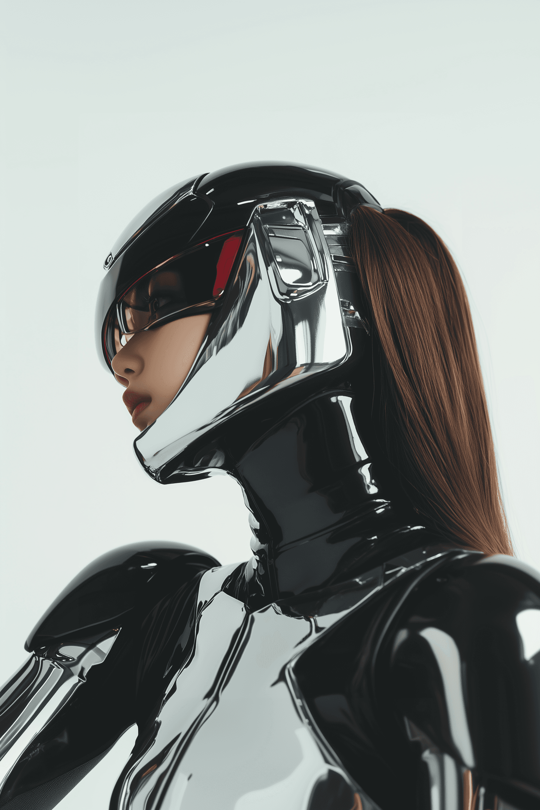 A close-up of the upper body and face of an Asian woman wearing chrome silver armor. In her hair is a sleek helmet with a clear visor covering her eyes. She has a long, straight brown ponytail hairstyle, in the style of Hsiao Ron Cheng. Her skin has a fluid, glass-like appearance, and the background is white. The metal surfaces are shiny and reflective, and the latex surface is shiny and glossy, in the style of Katsuya Terada. Hajime Sorayama.