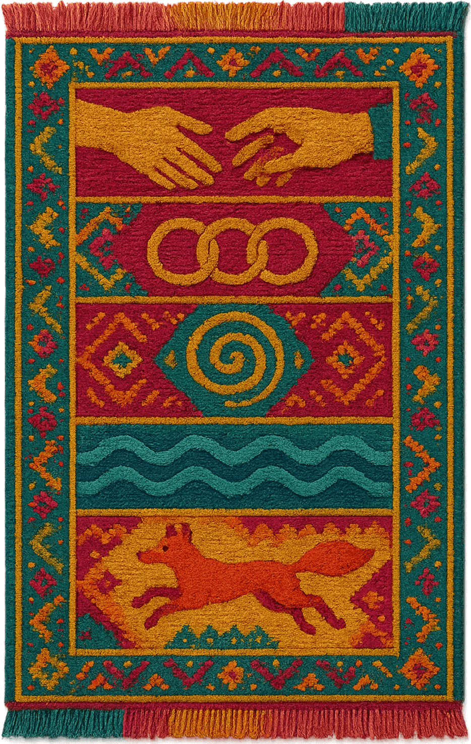Colorful handwoven rug with symbolic patterns — representing GUFR’s values: Human to Human connection, Win-Win-Win strategy and continuous development.