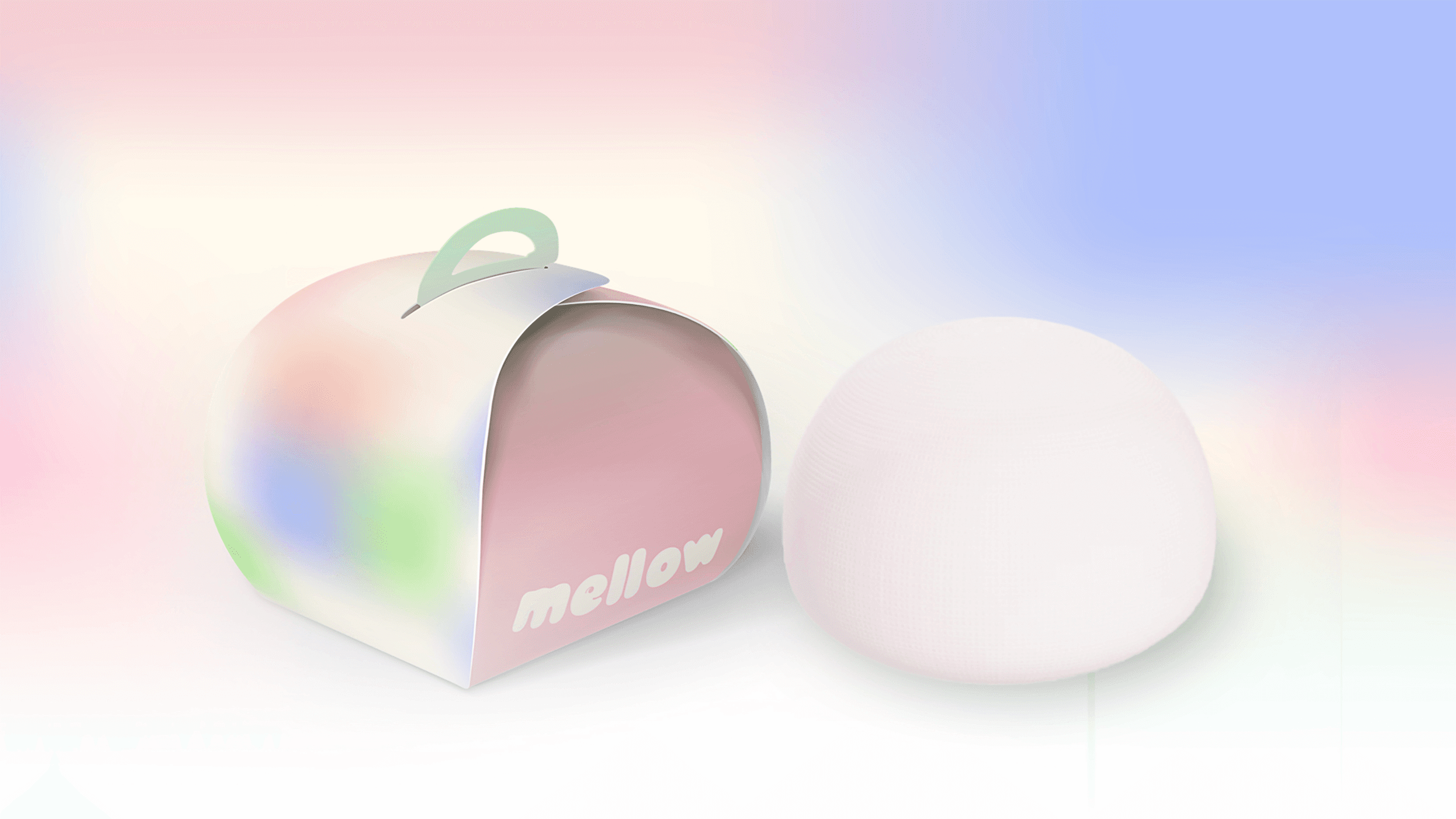 A light pink, rounded box with a handle on top sits on a white surface. The box is decorated with a pastel, blurred design of pink, green, and blue hues. The word "mellow" is printed in white letters on the front. To the right of the box is a plain white sphere. The background is a soft, gradient blend of pink, blue, and white.