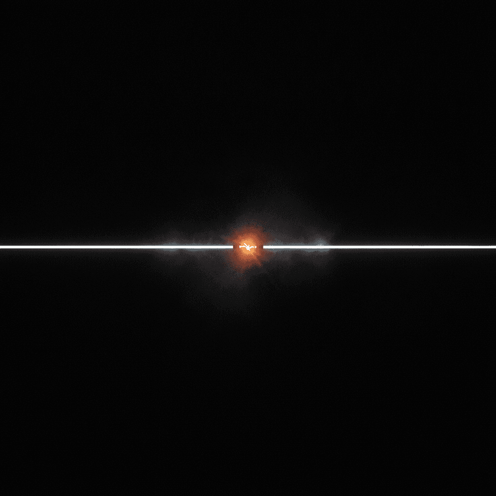 Single thin line of light bisecting deep black void with one orange break point