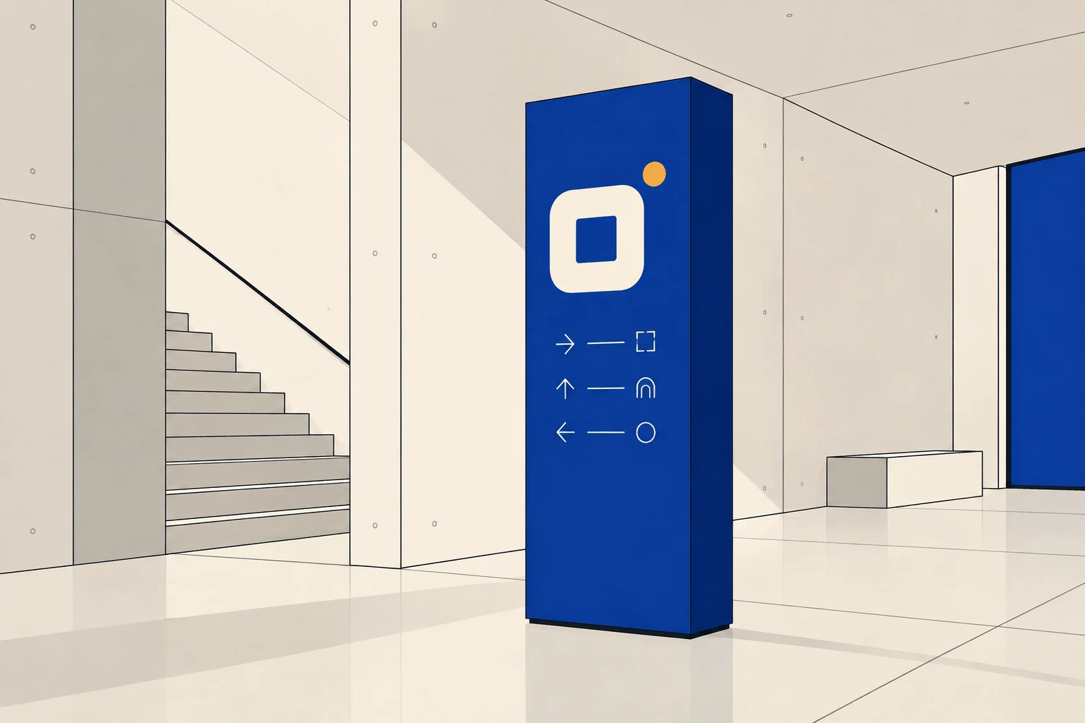 A blue freestanding wayfinding totem in an empty minimal pale concrete interior, ivory square-aperture mark, one amber dot