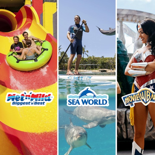 Een gezin op een waterglijbaan, een man die paddleboardt met dolfijnen, en iemand verkleed als een superheld. Logo's voor Wet'n'Wild, Sea World en Movie World.