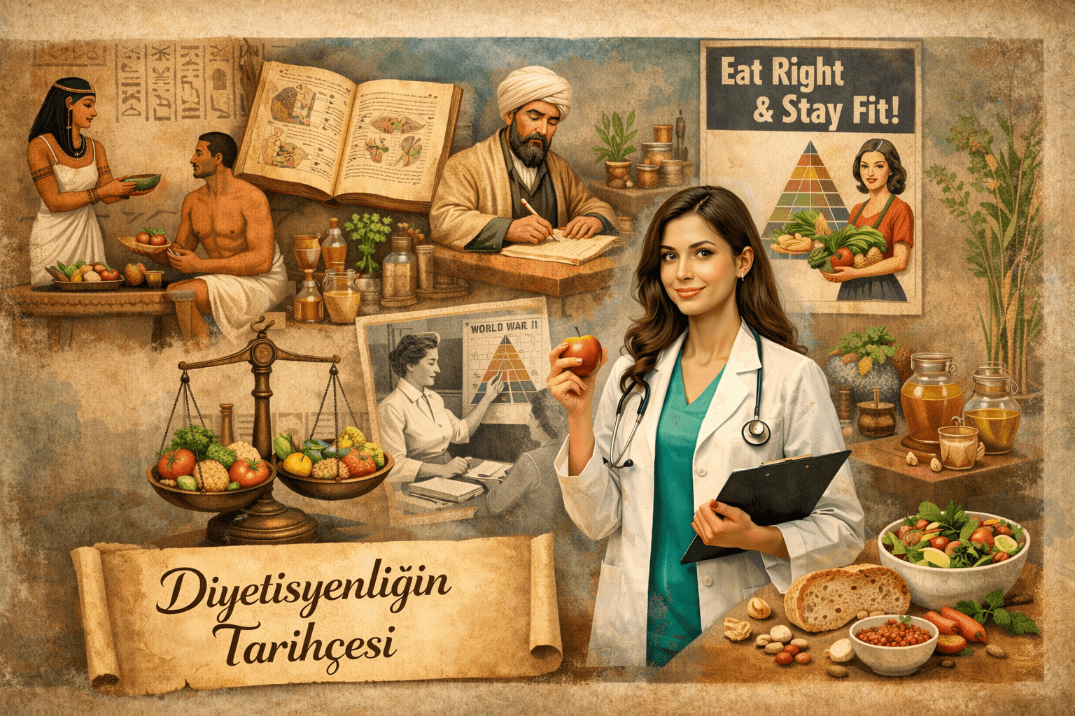 Diyetisyenlik mesleğinin tarihçesi: Antik çağlardan günümüze beslenme biliminin gelişimi, ilk diyet uygulamaları, besin piramidi ve modern diyetisyenlik yaklaşımını gösteren yatay görsel.