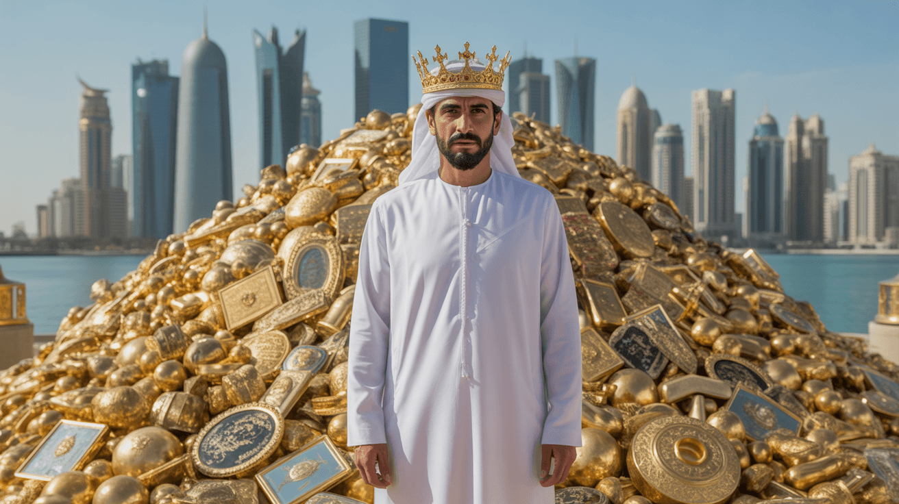 Arab royal figure in white dress before gold pile with Doha skyline and dramatic lighting