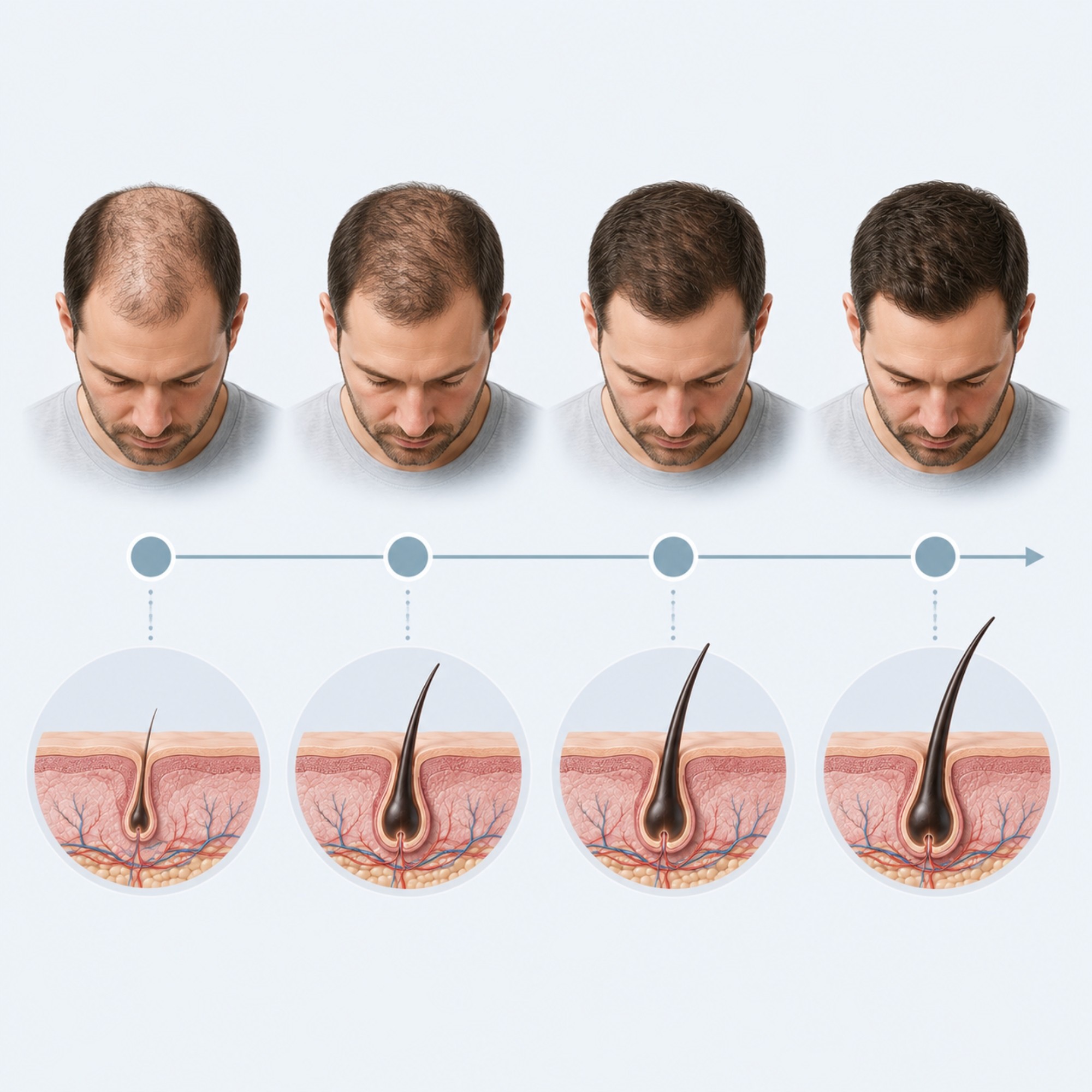 Medische illustratie van de verwachte ontwikkeling van haardichtheid tijdens een behandeling met finasteride, met geleidelijke verbetering van haarzakjes en zichtbare stabilisatie van erfelijk haarverlies over de tijd.