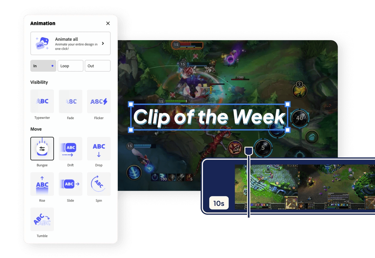 The image shows a video editing interface used to create animated text overlays for a gaming clip.  In the center, a gameplay scene is displayed with large text reading “Clip of the Week” placed over the video. The text is selected, showing resize handles around it.  On the left side, there is an Animation panel with options for adding motion effects to the text.