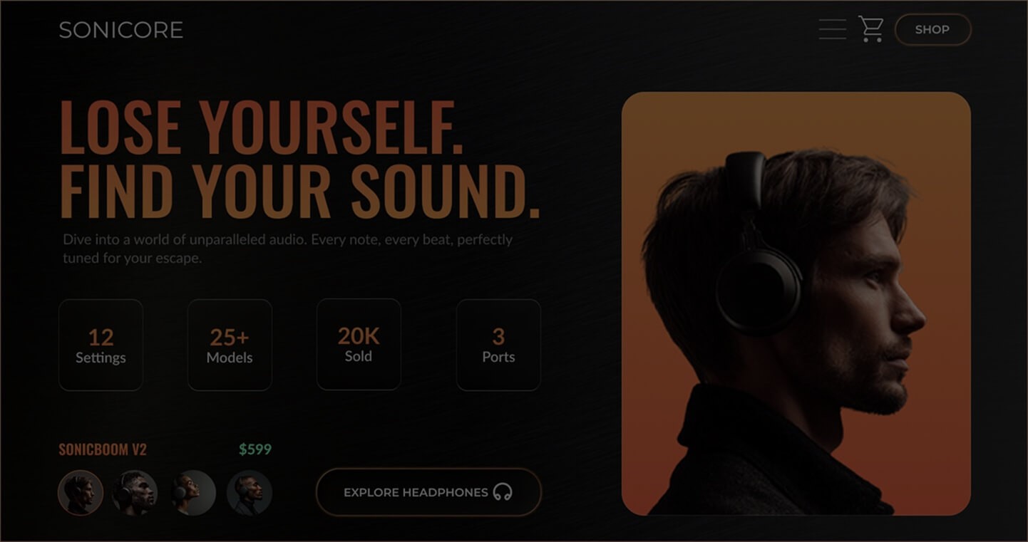 Hero section for an headphone brand
