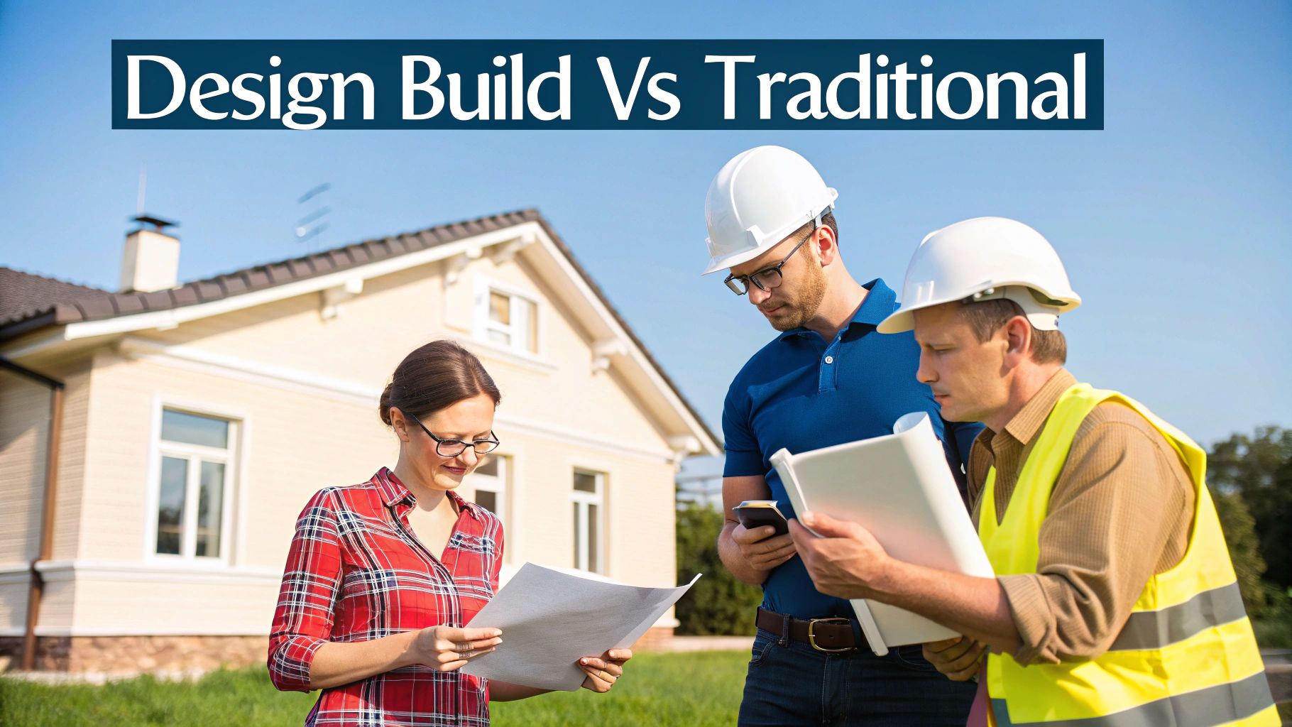 Three construction professionals, two men in hard hats and a woman, discussing plans in front of a house.