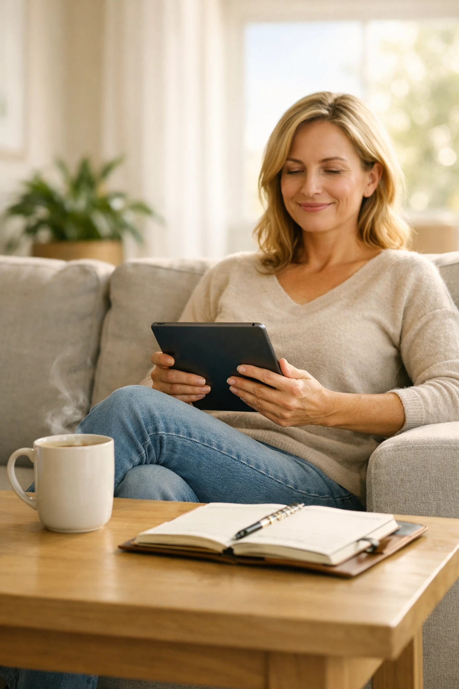 Relaxed person reviewing stress-free no obligation moving quotes on a tablet in a bright living room.