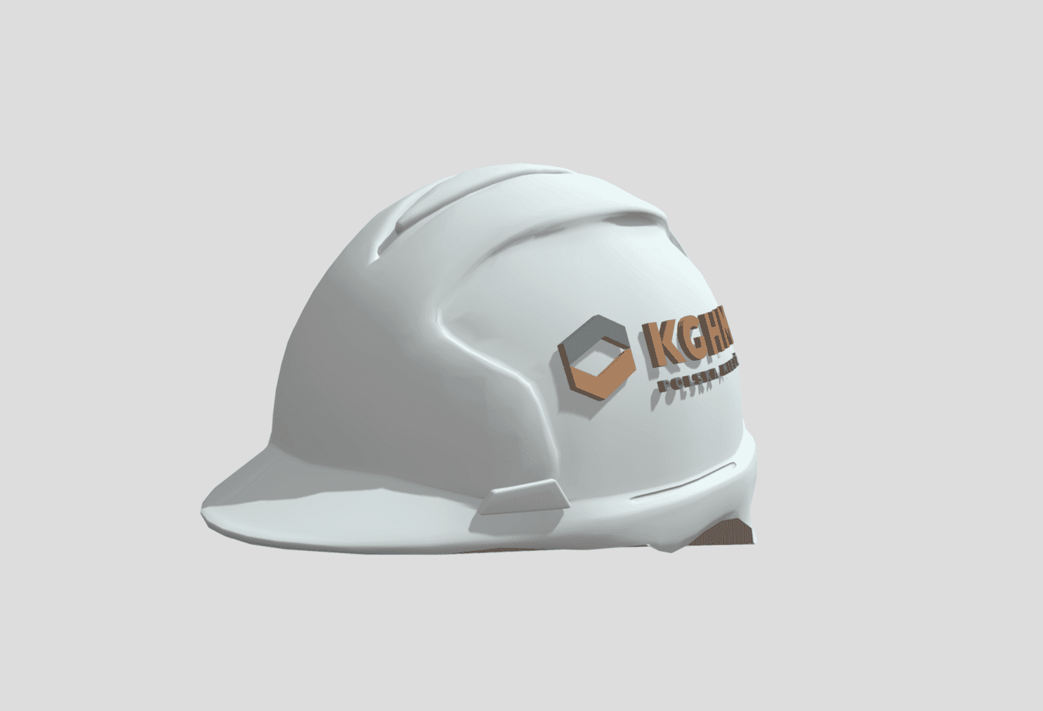 Realistyczna wizualizacja 3D białego kasku ochronnego z logo KGHM wykonana na potrzeby reklamy przemysłowej oraz BHP