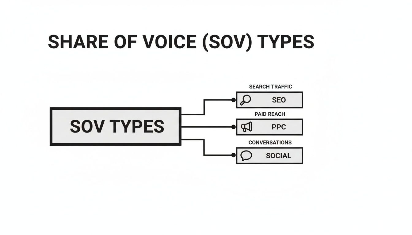 Diagram illustrating Share of Voice (SOV) types including SEO for search traffic, PPC for paid reach, and social for conversations.