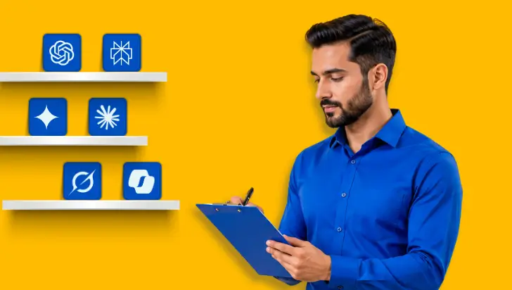 Man with clipboard and AI marketing tool icons like ChatGPT and Gemini on yellow background.