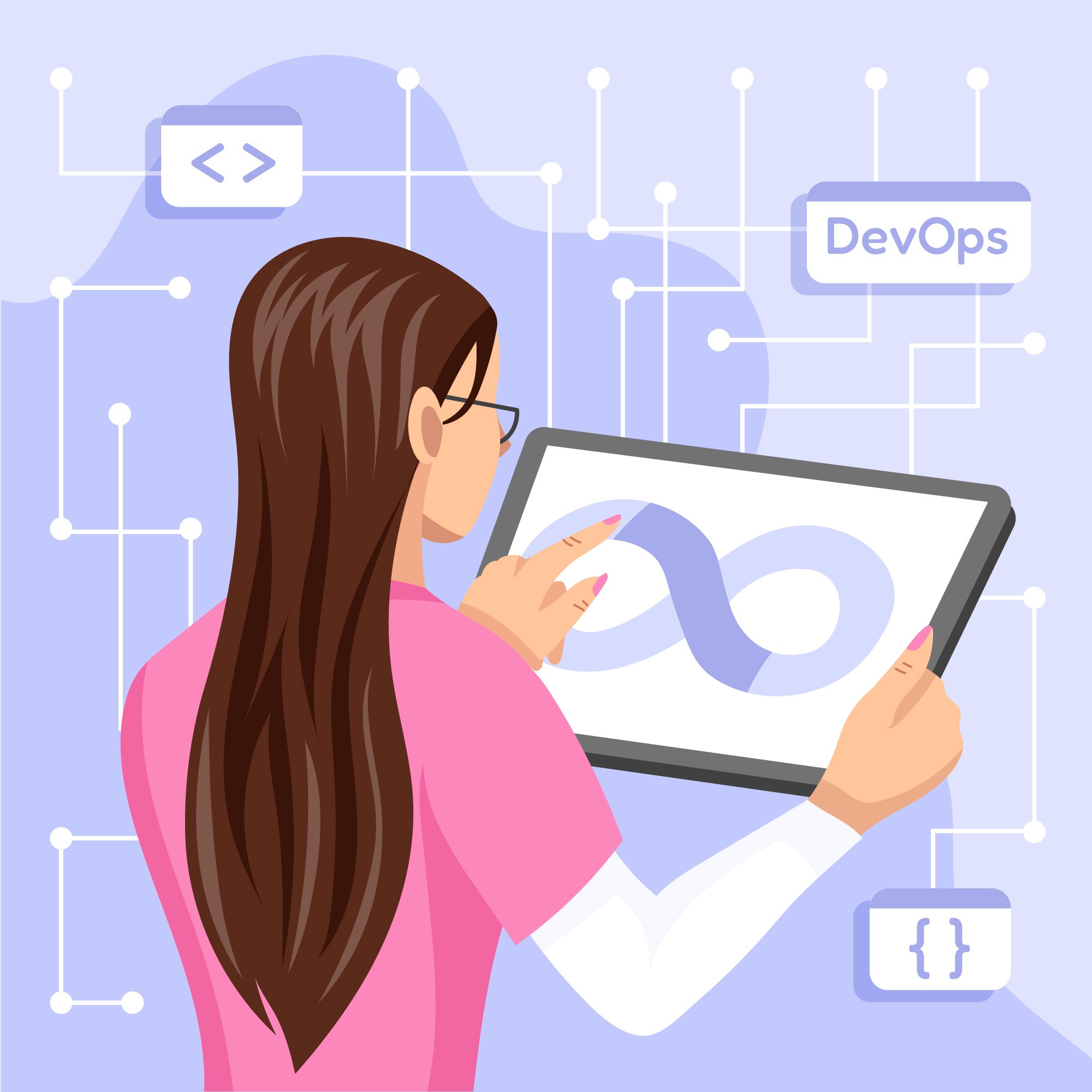 DevOps engineer with long hair working on AWS Lambda functions, shown through digital illustration with code symbols and tech elements.