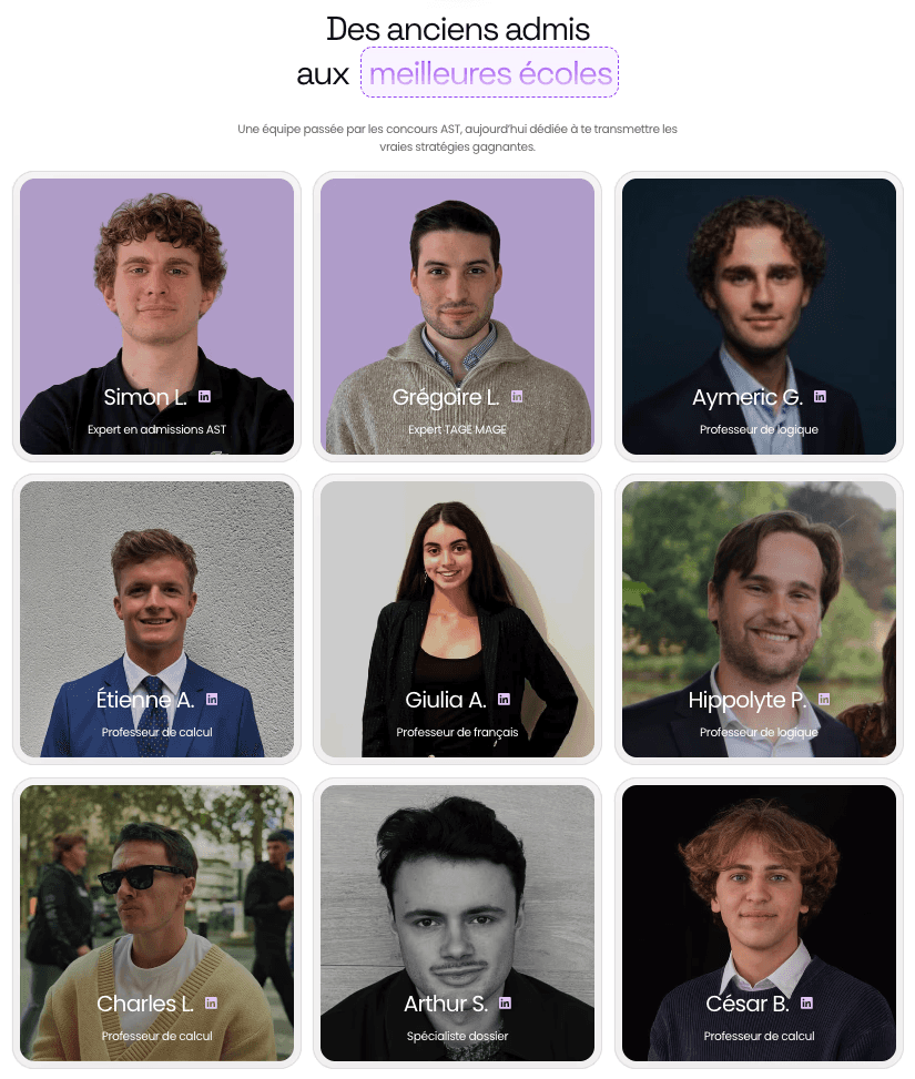Section équipe du site ASTPrep développé par JustDev & Ilies MANATA, Développeur Web Expert Framer & Ux / Ui Designer, Freelance, Nord