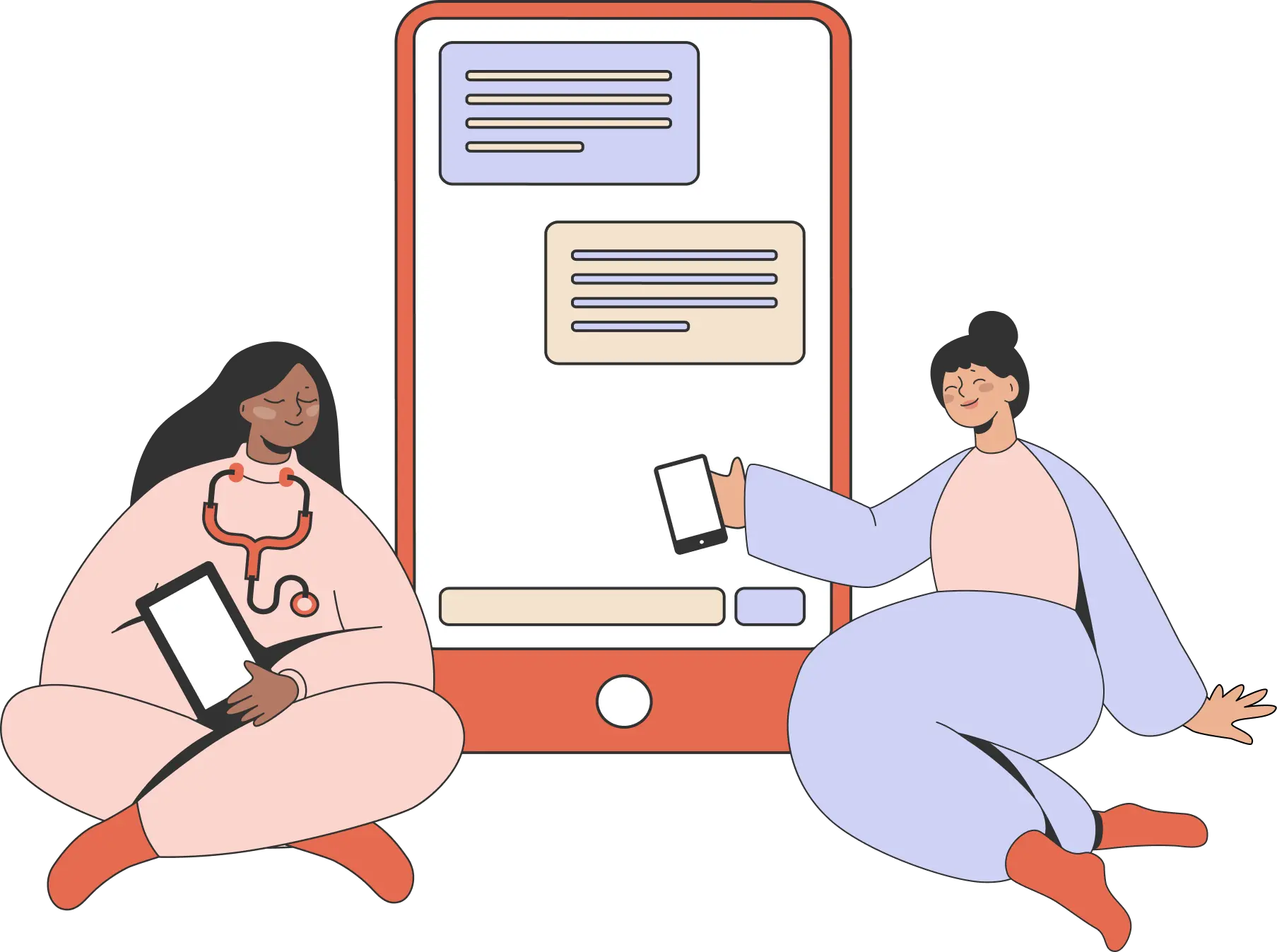Illustration of two healthcare professionals sitting on the floor on either side of a large smartphone displaying a chat interface. One person holds a clipboard and wears a stethoscope, while the other holds a phone, suggesting digital healthcare communication or telehealth support.