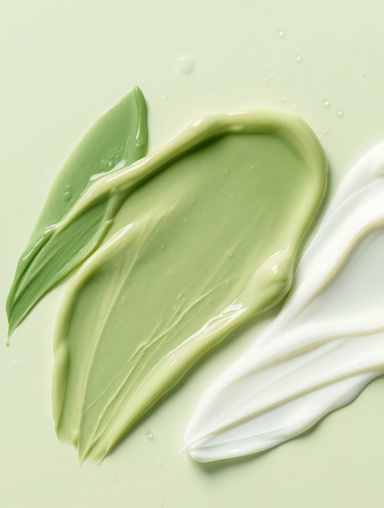 Swirls of green and white skincare creams show texture and color.