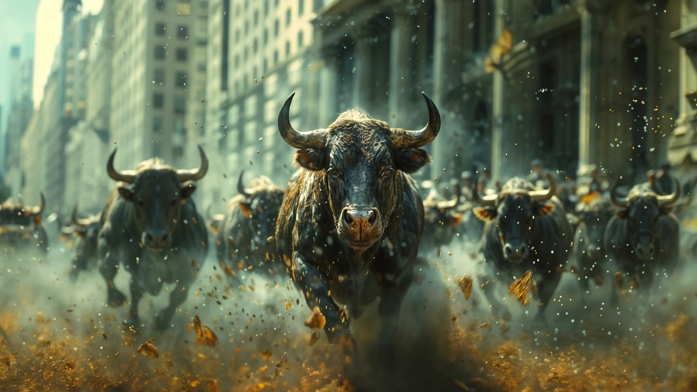 een kudde bizons rent door Wall Street