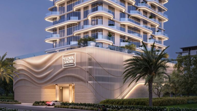 Flora Shore Beachfront Residences showcasing a sleek design, pool, and balcony for relaxation.