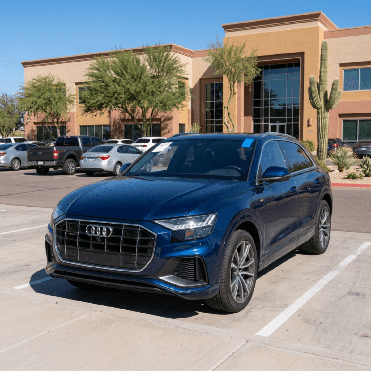Blue Audi Q8 SUV displayed after a seamless windshield replacement job in Casa Grande, Arizona