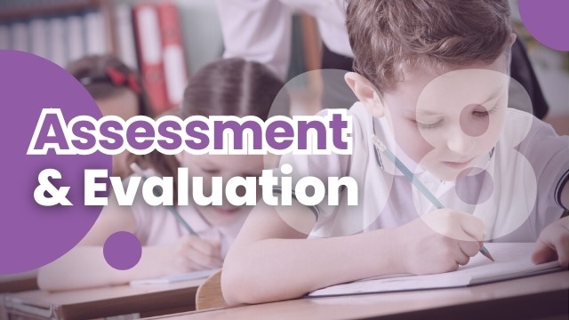 Graphic for 'Assessment and Evaluation Strategies,' illustrating tools and methods for measuring student progress and learning outcomes.